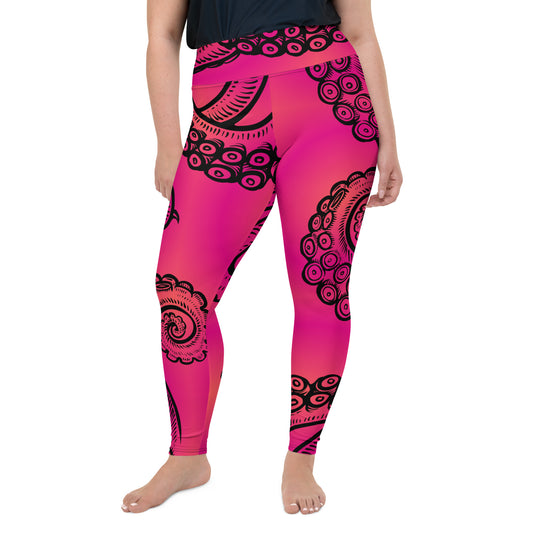 Plus-Size High-Waist Leggings: Tentacle Twist in Pink Sunset (2XL-6XL)